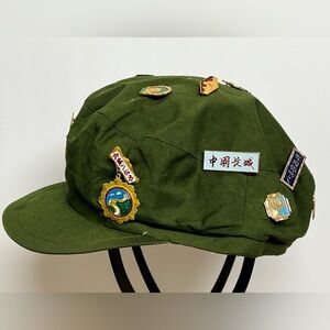 Green Chinese Communist Military Mao Red Star Army China Hat Cap with 20 Pins